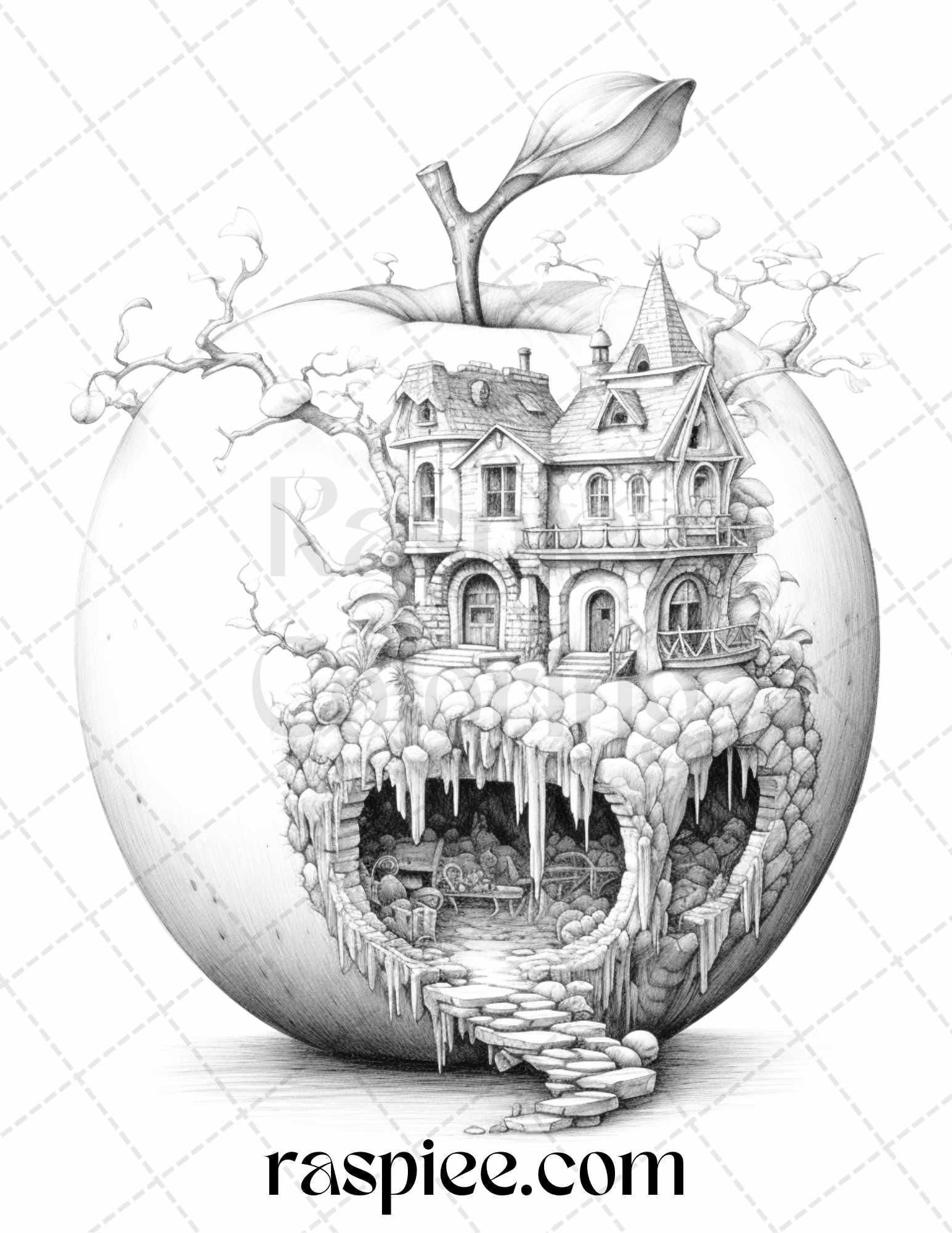 60 Miniworld in the Apple Grayscale Coloring Pages Printable for Adults, PDF File Instant Download