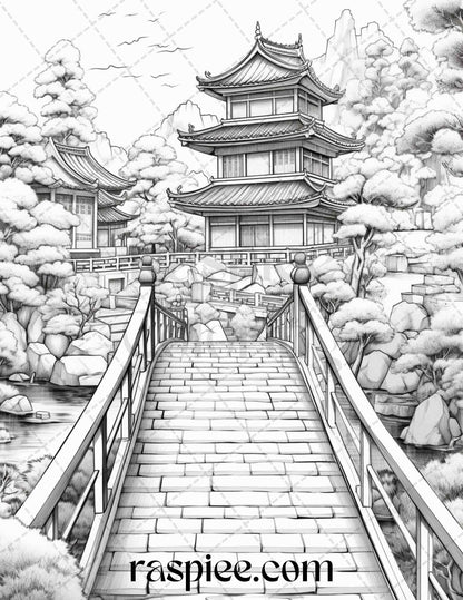 Japanese Garden Grayscale Coloring Pages Printable for Adults, PDF File Instant Download