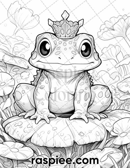 50 The Frog Kingdom Grayscale Coloring Pages for Adults, Printable PDF Instant Download