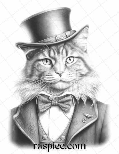 Gentleman Cat Grayscale Coloring Pages Printable for Adults Kids, PDF File Instant Download