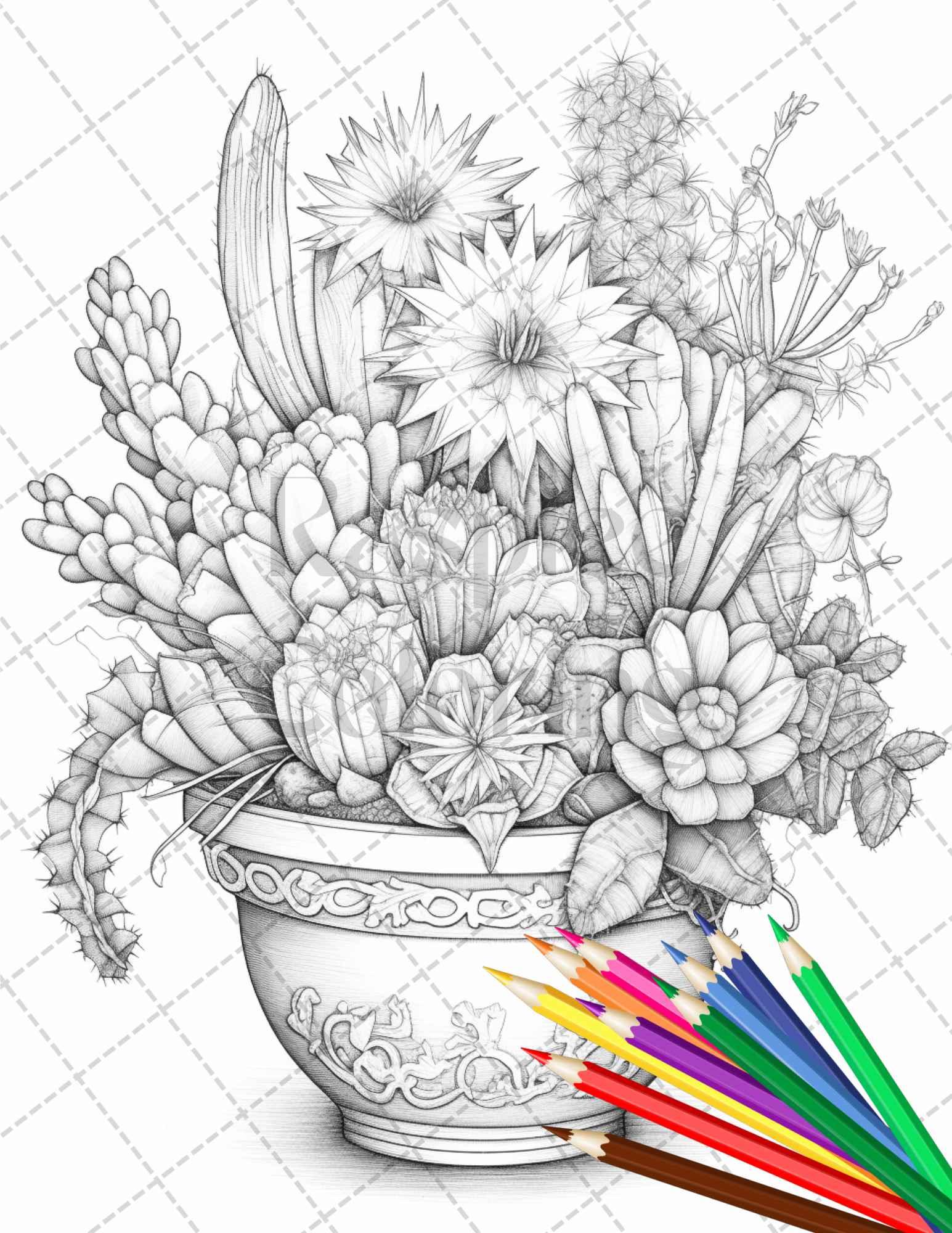 40 Charming Cactus Pots Grayscale Coloring Pages Printable for Adults, PDF File Instant Download