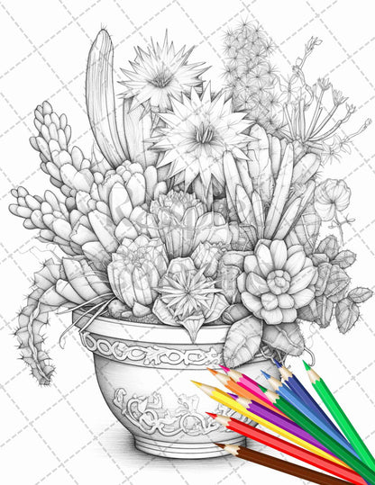 40 Charming Cactus Pots Grayscale Coloring Pages Printable for Adults, PDF File Instant Download