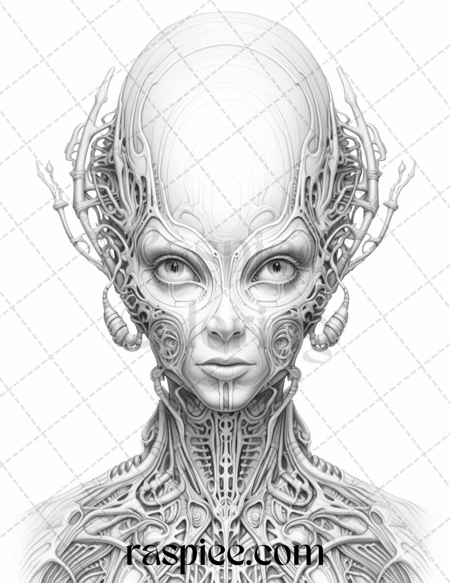 65 Alien Portrait Grayscale Coloring Pages for Adults, Printable PDF File Instant Download
