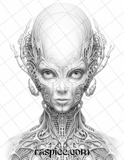 65 Alien Portrait Grayscale Coloring Pages for Adults, Printable PDF File Instant Download
