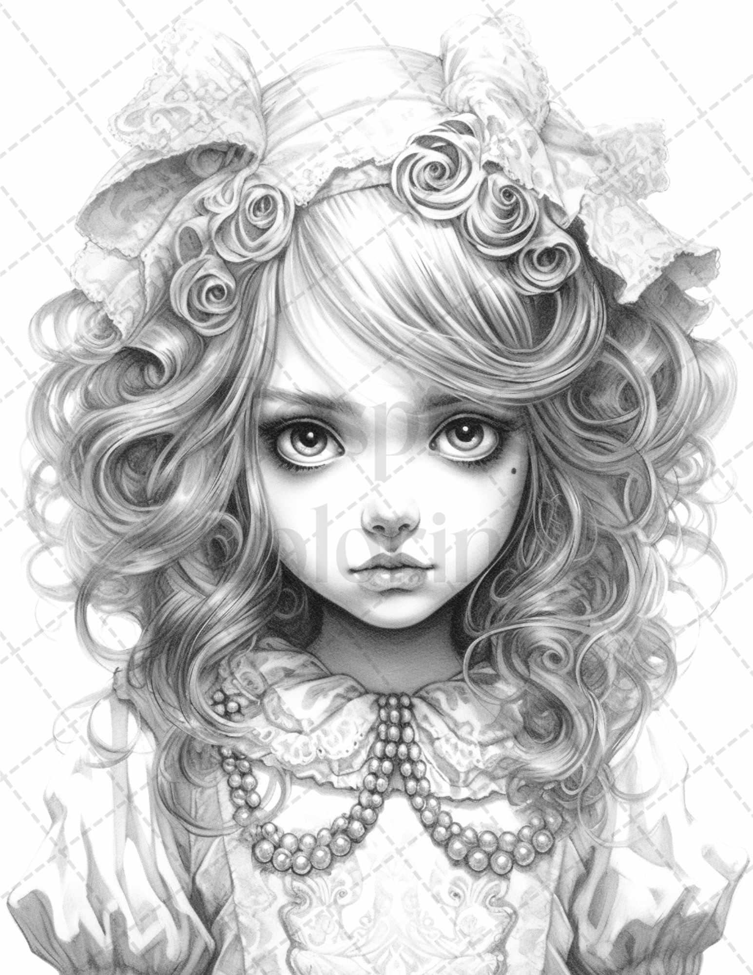 60 Adorable Gothic Girls Grayscale Coloring Pages Printable for Adults, PDF File Instant Download