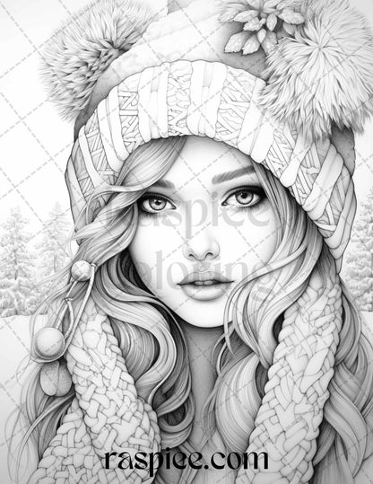 60 Beautiful Winter Girls Grayscale Coloring Pages Printable for Adults, PDF File Instant Download
