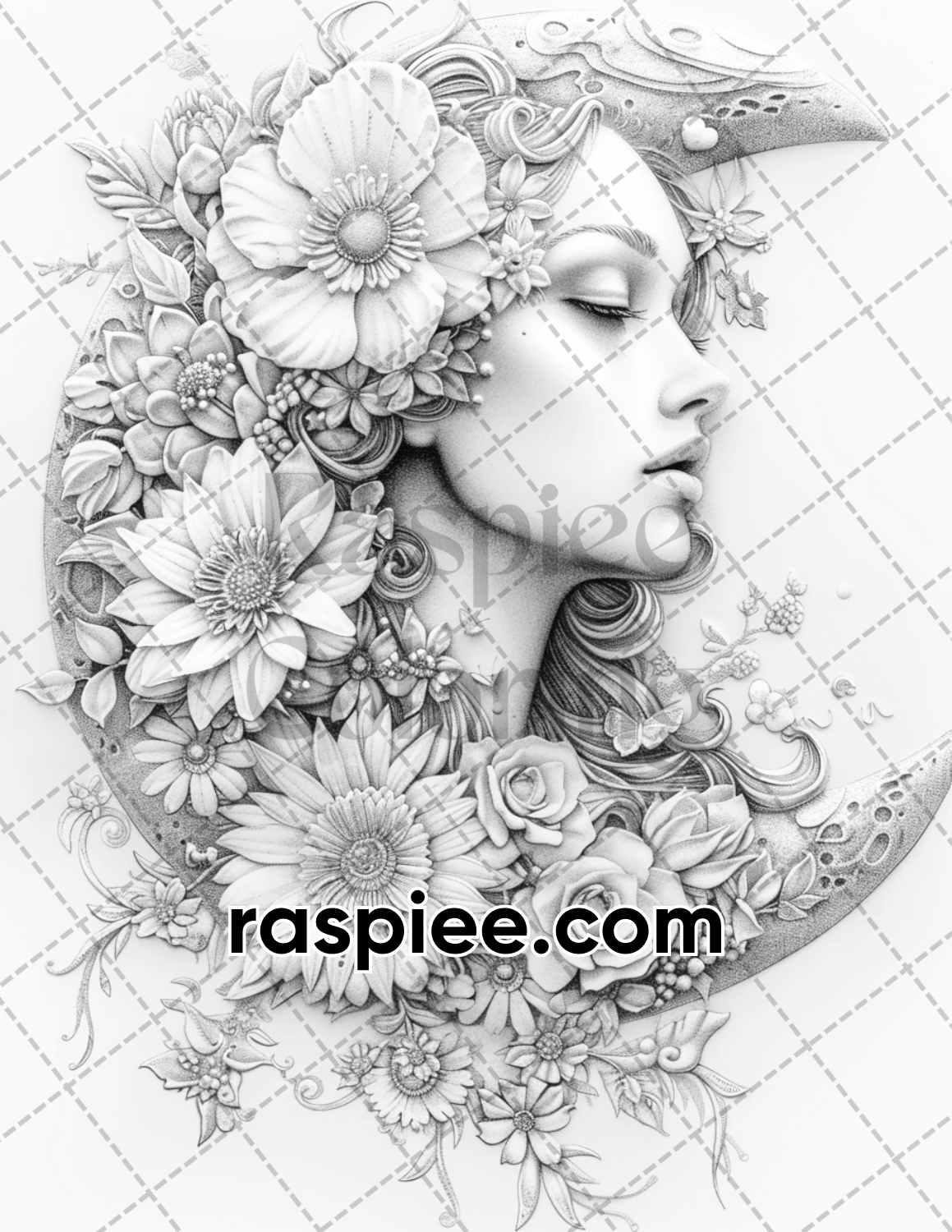 60 Boho Moon Floral Grayscale Adult Coloring Pages Printable PDF Instant Download