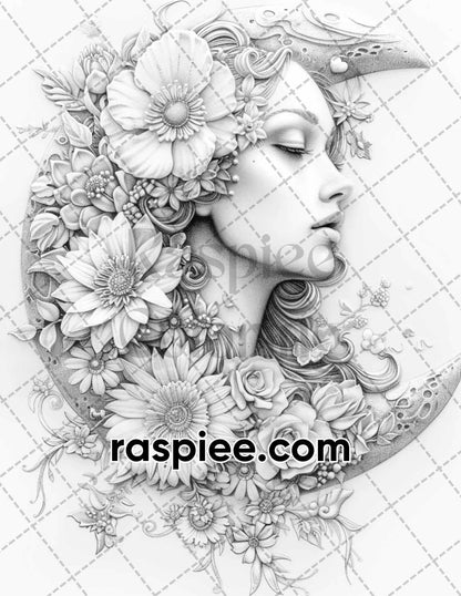 60 Boho Moon Floral Grayscale Adult Coloring Pages Printable PDF Instant Download