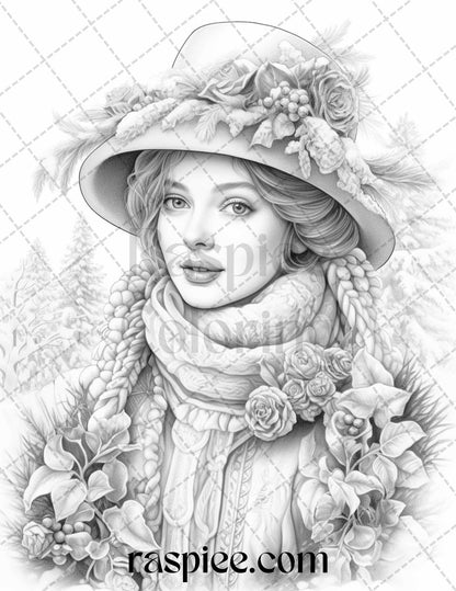 60 Victorian Winter Portrait Grayscale Coloring Pages Printable for Adults, PDF File Instant Download