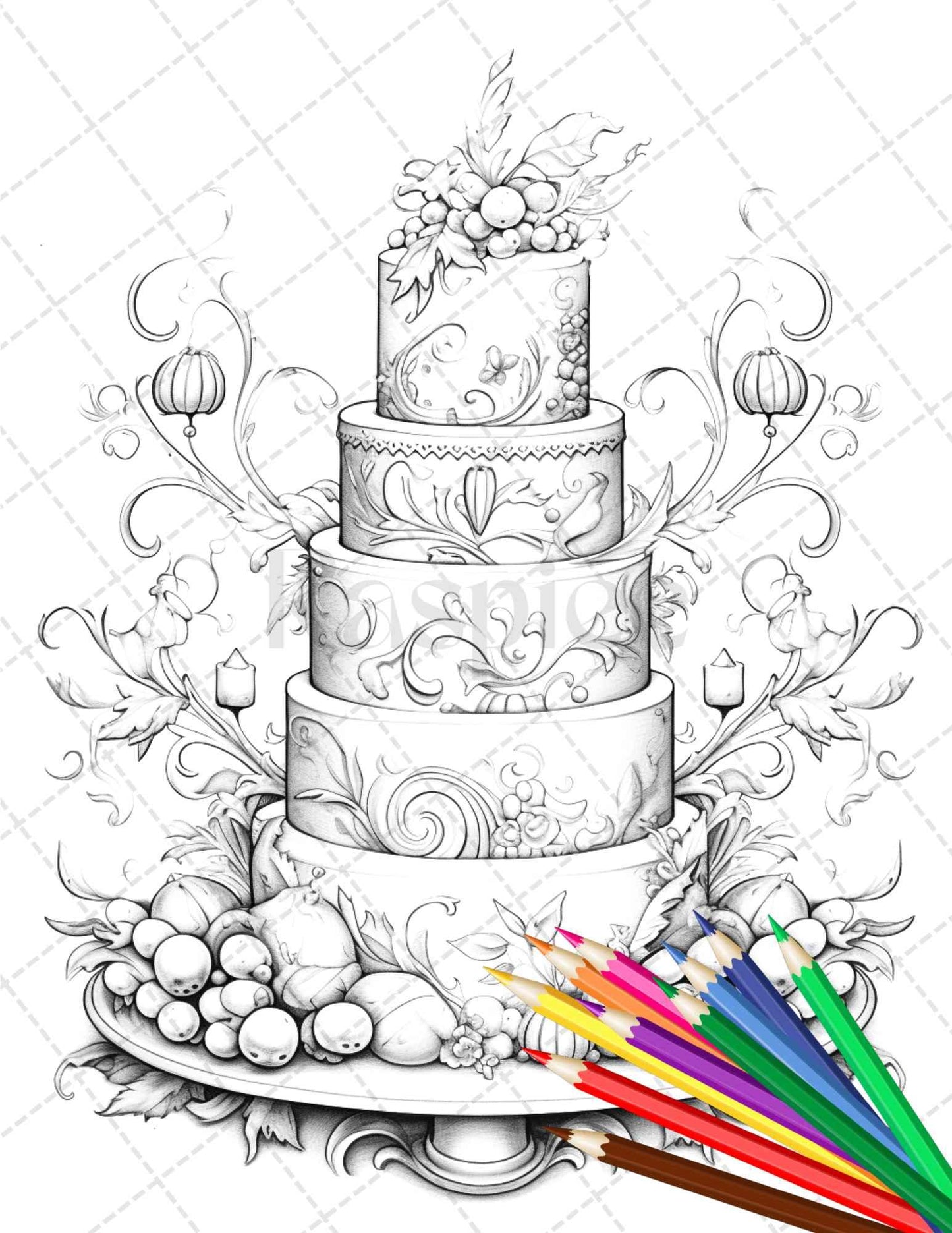 38 Whimsical Cakes Grayscale Coloring Pages for Adults, PDF File Instant Download