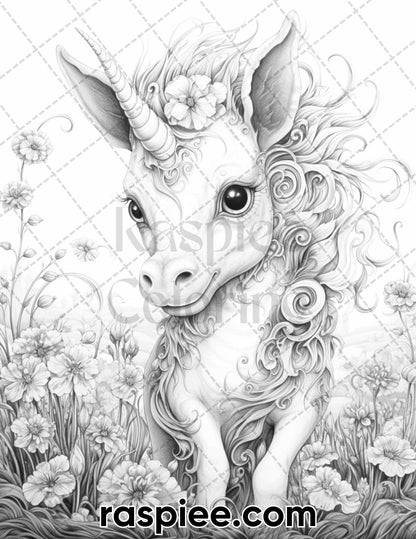 60 Mythical Creatures Grayscale Coloring Pages for Adults, Printable PDF Instant Download