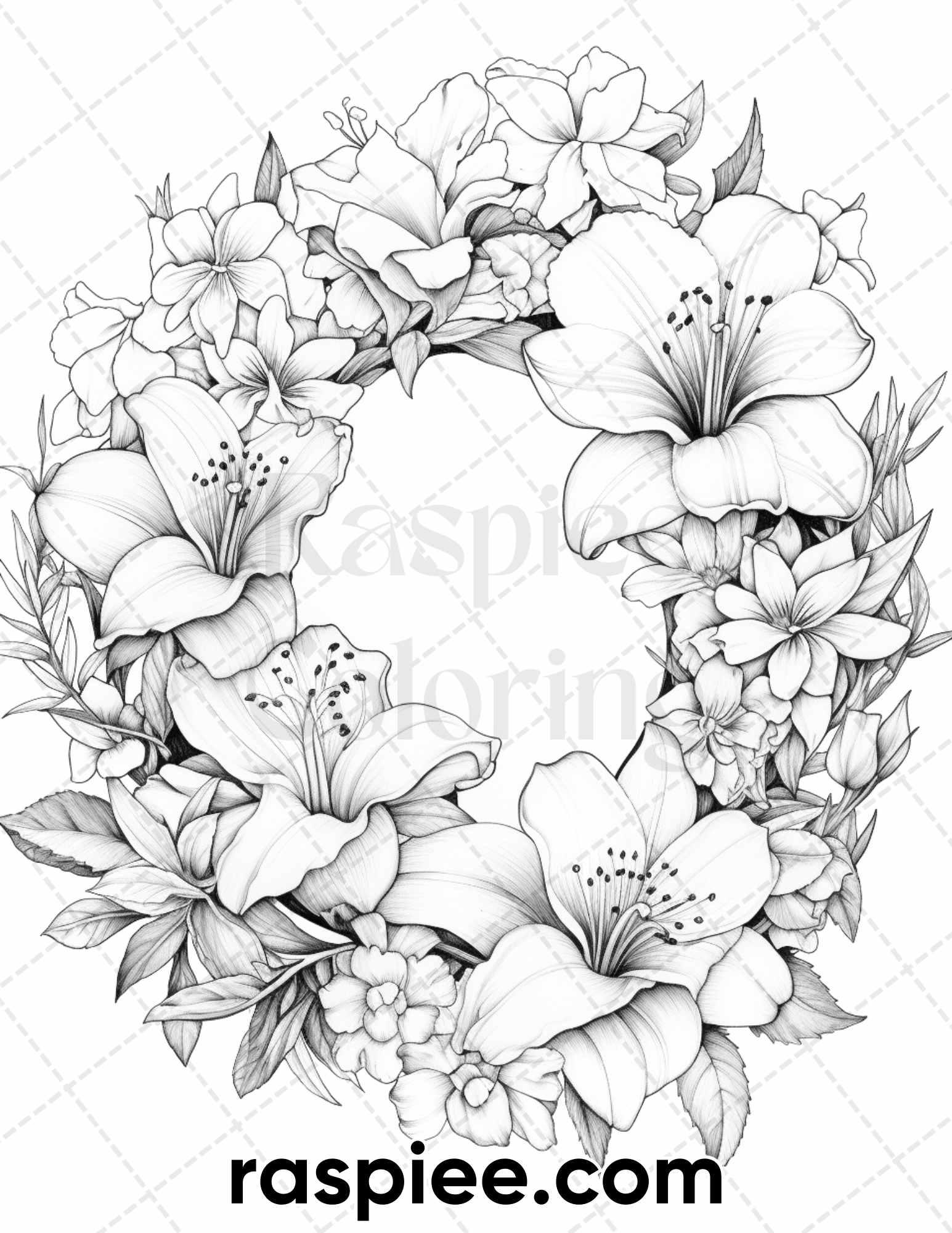 65 Spring Floral Wreaths Grayscale Adult Coloring Pages, Printable PDF Instant Download