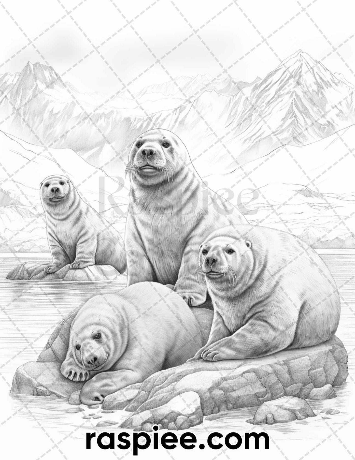 55 Winter Wildlife Grayscale Coloring Pages for Adults, Printable PDF Instant Download