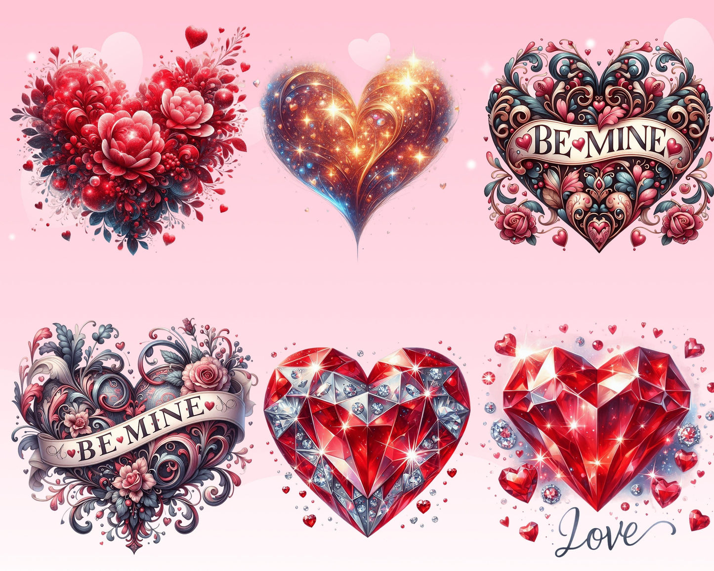 Romantic Valentine Heart Clipart Bundle, 52 PNG High-Res Files for Commercial Use and DIY Projects