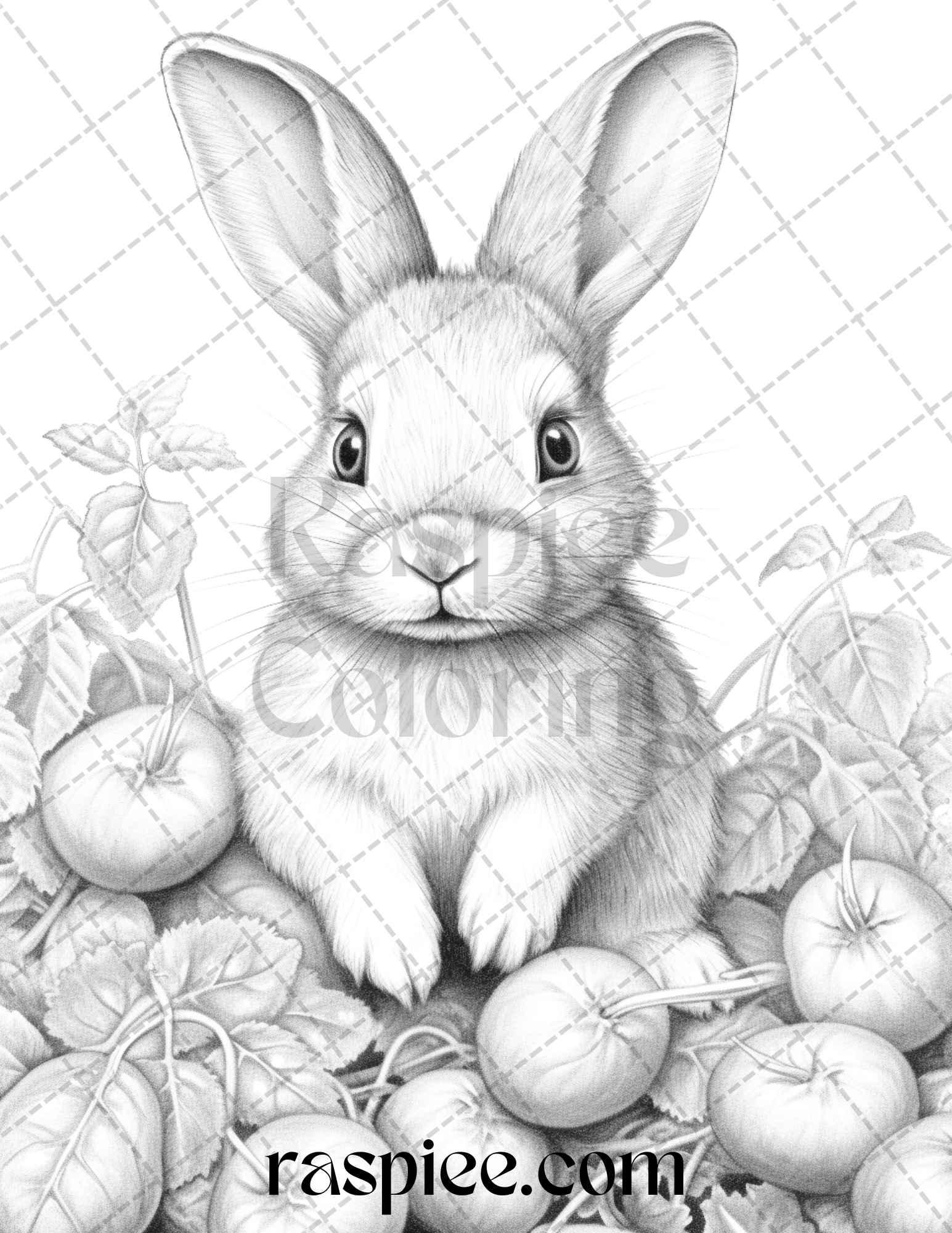 50 Rabbit Garden Grayscale Coloring Pages Printable for Adults, PDF File Instant Download