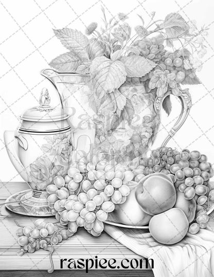 52 Still Life Grayscale Coloring Pages Printable for Adults, PDF File Instant Download