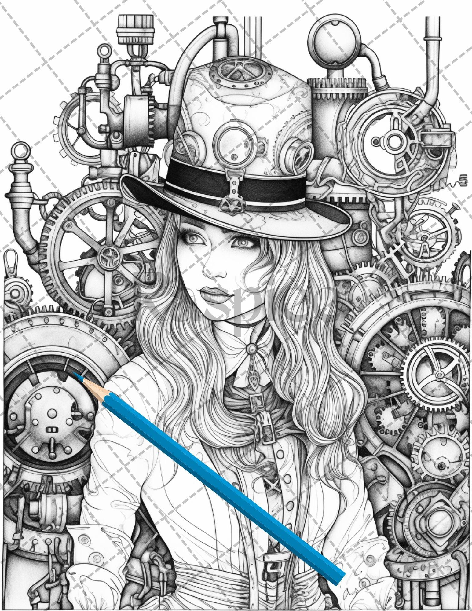 30 Steampunk Girls Coloring Pages Printable for Adults, Victorian Inspired Adult Grayscale Coloring Book, PDF File Download