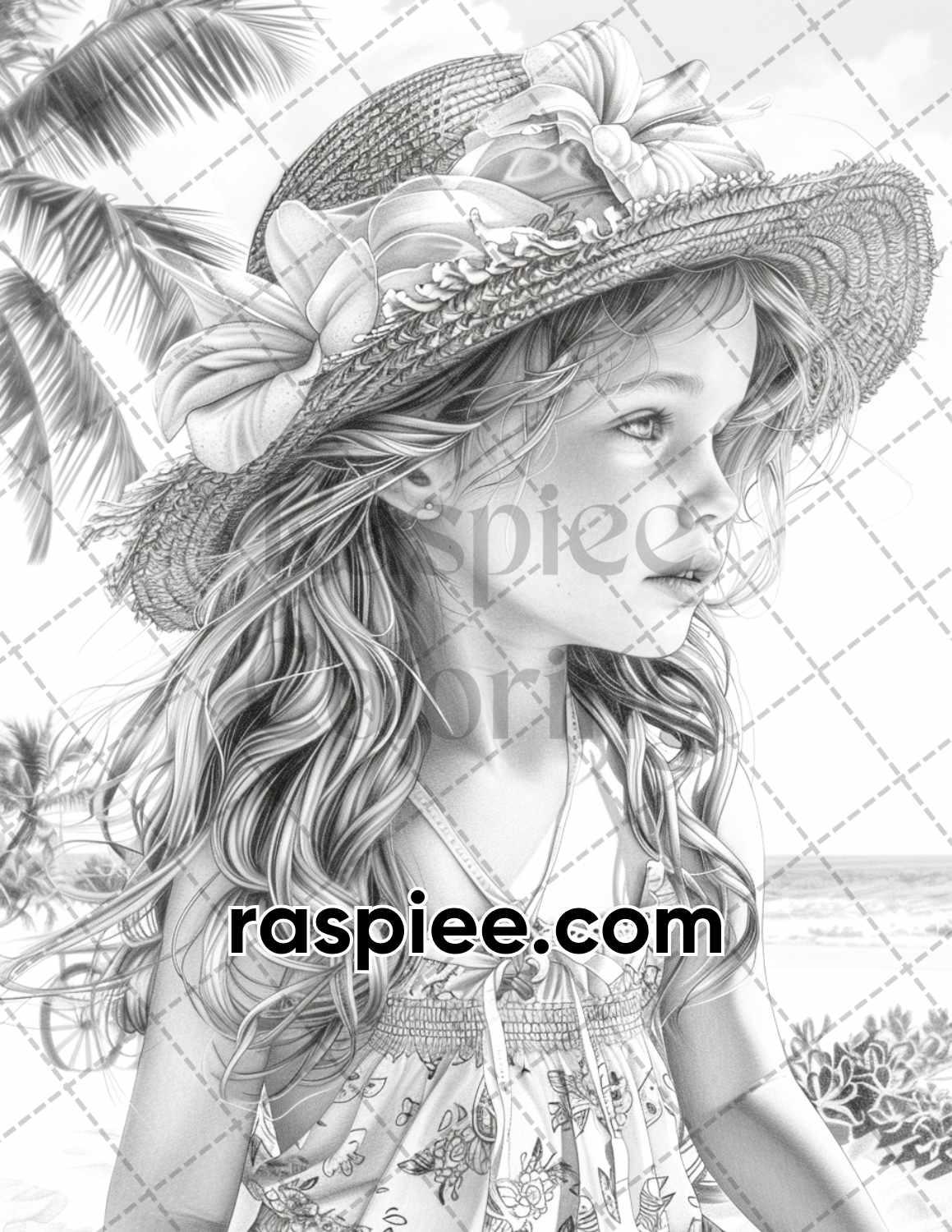 65 Summer Little Girls Portrait Grayscale Adult Coloring Pages Printable PDF Instant Download