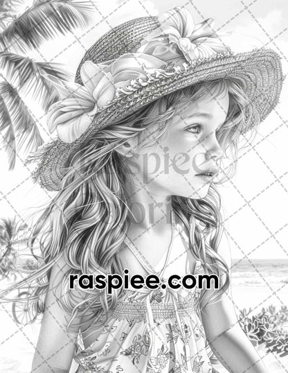 65 Summer Little Girls Portrait Grayscale Adult Coloring Pages Printable PDF Instant Download