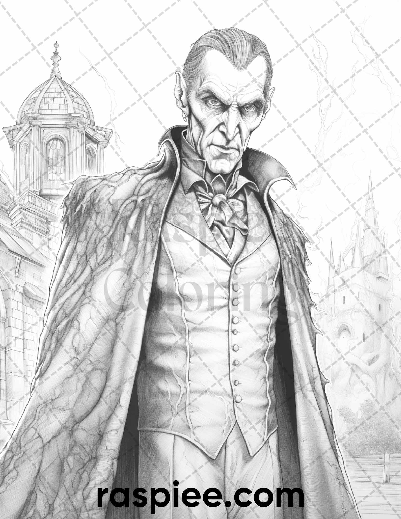 50 Count Dracula Grayscale Coloring Pages Printable for Adults, PDF File Instant Download