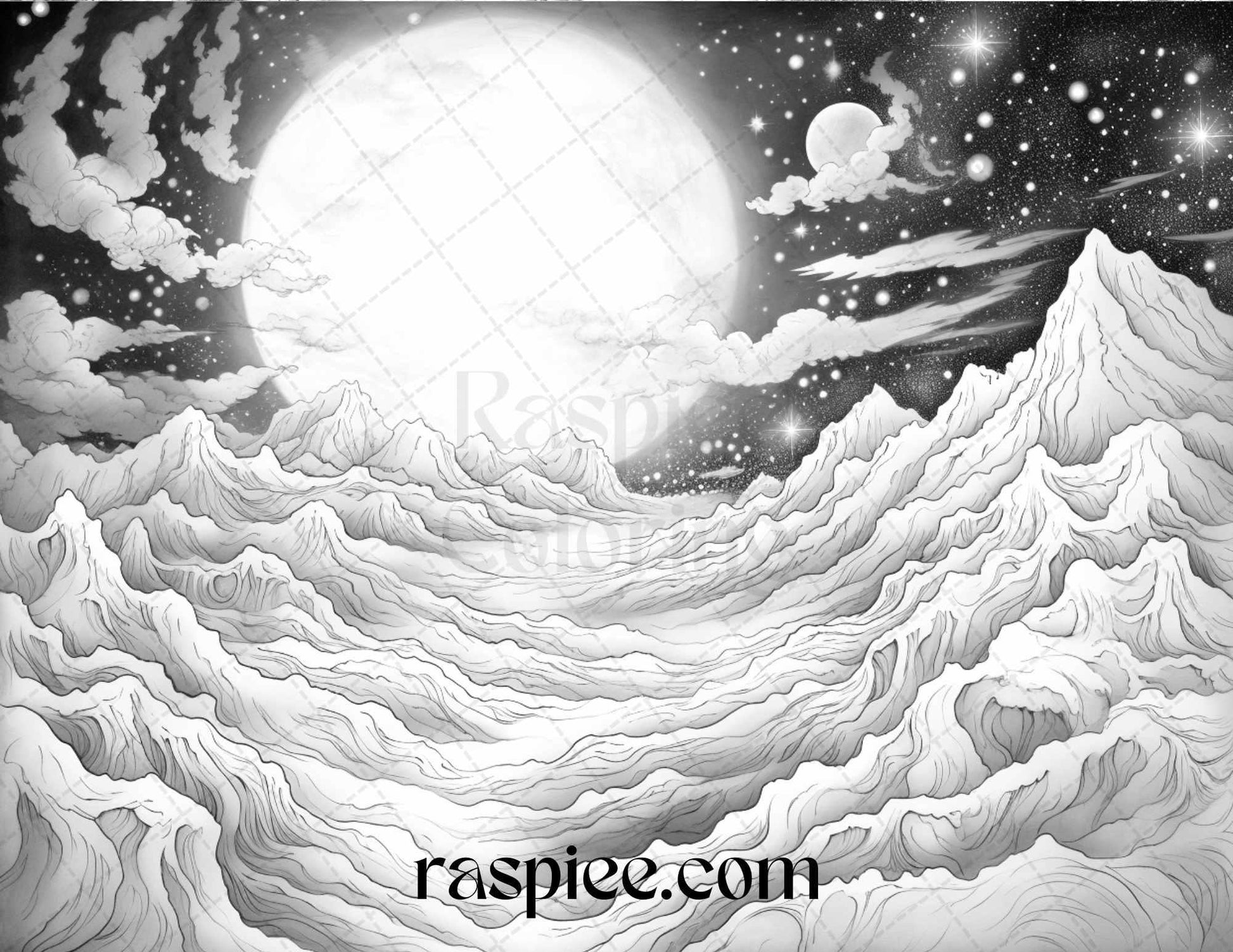 55 Celestial Landscapes Grayscale Coloring Pages Printable for Adults, PDF File Instant Download