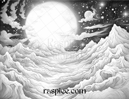 55 Celestial Landscapes Grayscale Coloring Pages Printable for Adults, PDF File Instant Download