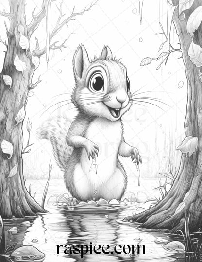 52 Adorable Squirrels Grayscale Coloring Pages Printable for Adults Kids, PDF File Instant Download