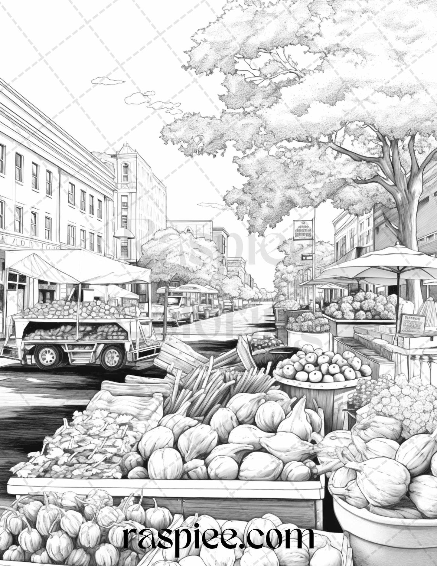 Autumn Street Markets Grayscale Coloring Pages for Adults, Printable PDF File Instant Download