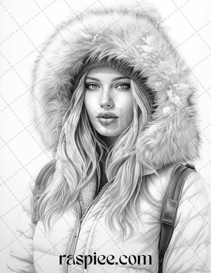 40 Winter Fashion Grayscale Coloring Pages Printable for Adults, PDF File Instant Download