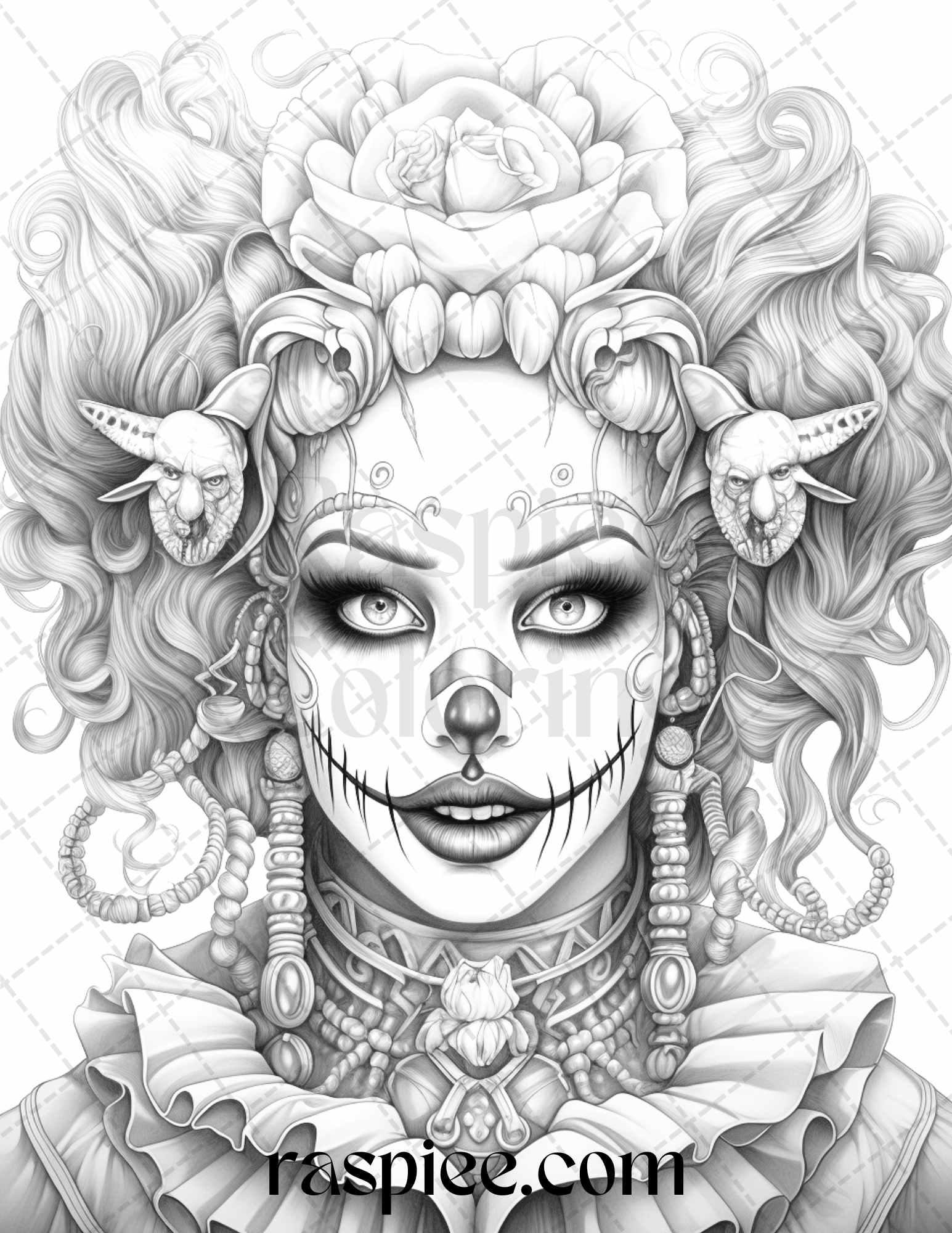 50 Scary Clown Girls Grayscale Coloring Pages Printable for Adults, PDF File Instant Download