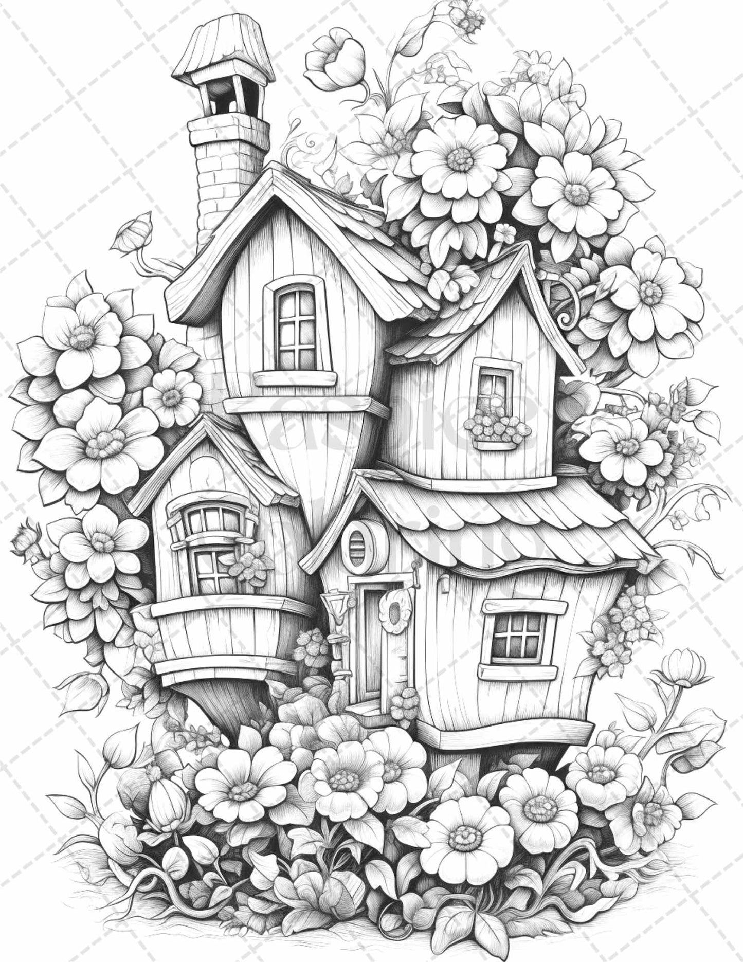 60 Flower Houses Grayscale Coloring Pages Printable for Adults, PDF File Instant Download