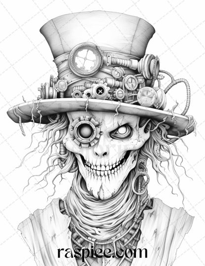 53 Scary Steampunk Scarecrows Grayscale Coloring Pages Printable for Adults, PDF File Instant Download