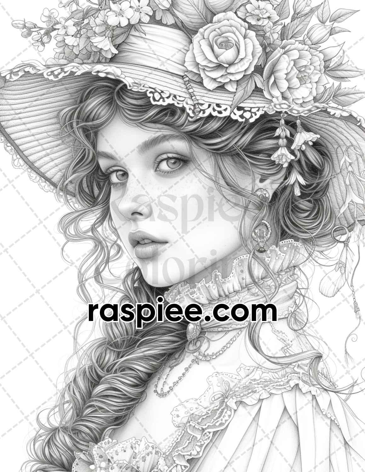 62 Spring Victorian Girl Portraits Grayscale Adult Coloring Pages, Printable PDF Instant Download