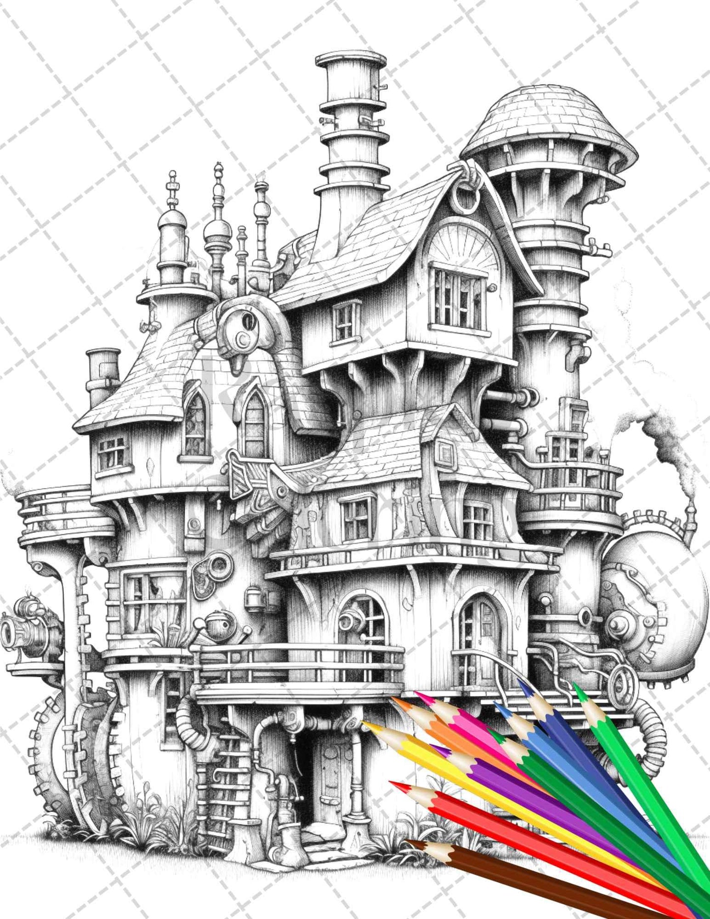 50 Steampunk Houses Grayscale Coloring Pages Printable for Adults, PDF File Instant Download