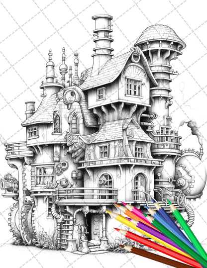 50 Steampunk Houses Grayscale Coloring Pages Printable for Adults, PDF File Instant Download