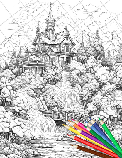 122 Fantasy Castles Coloring Book for Adults, Grayscale Coloring Page, Printable PDF Instant Download