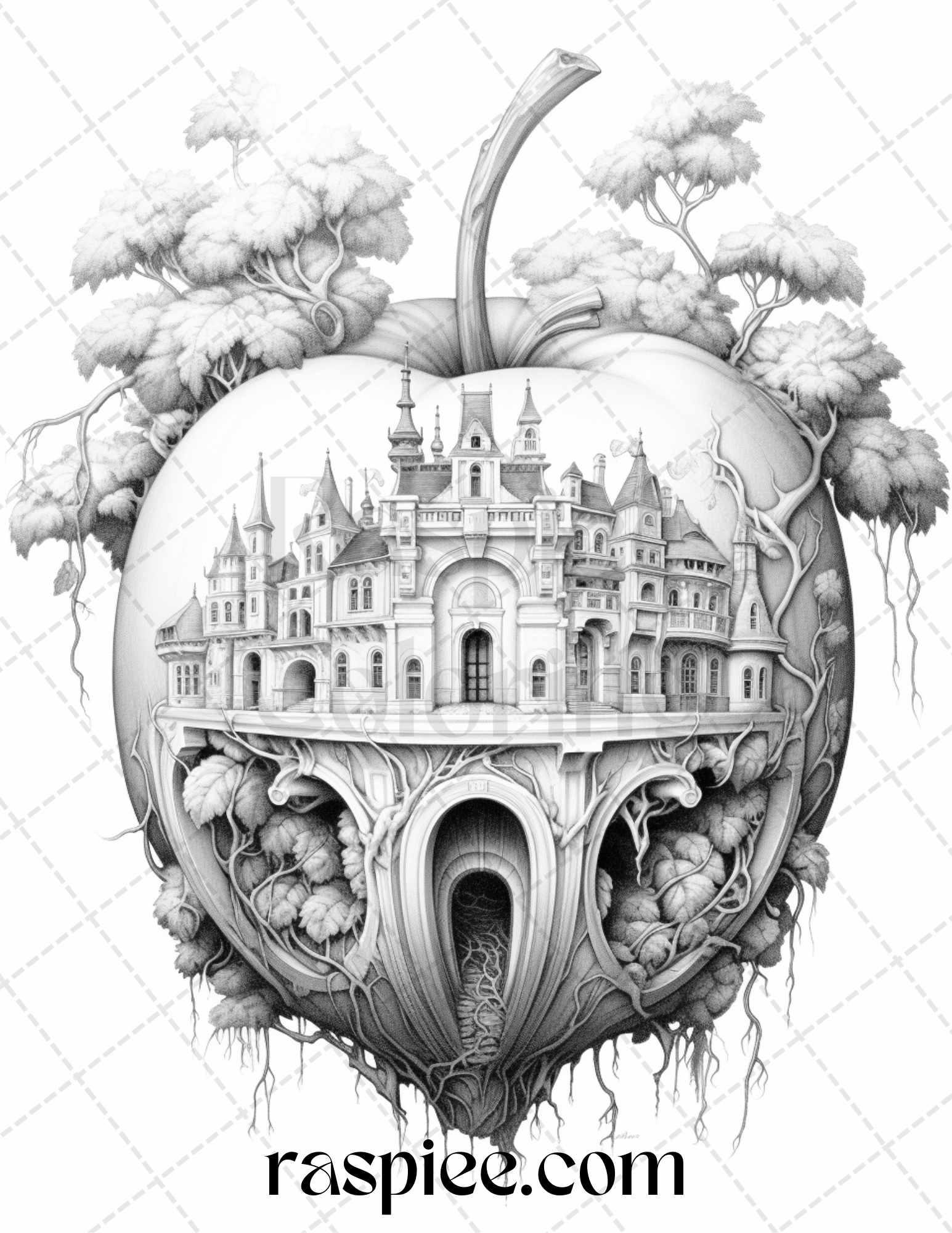 60 Miniworld in the Apple Grayscale Coloring Pages Printable for Adults, PDF File Instant Download