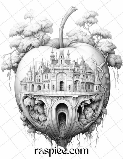 60 Miniworld in the Apple Grayscale Coloring Pages Printable for Adults, PDF File Instant Download