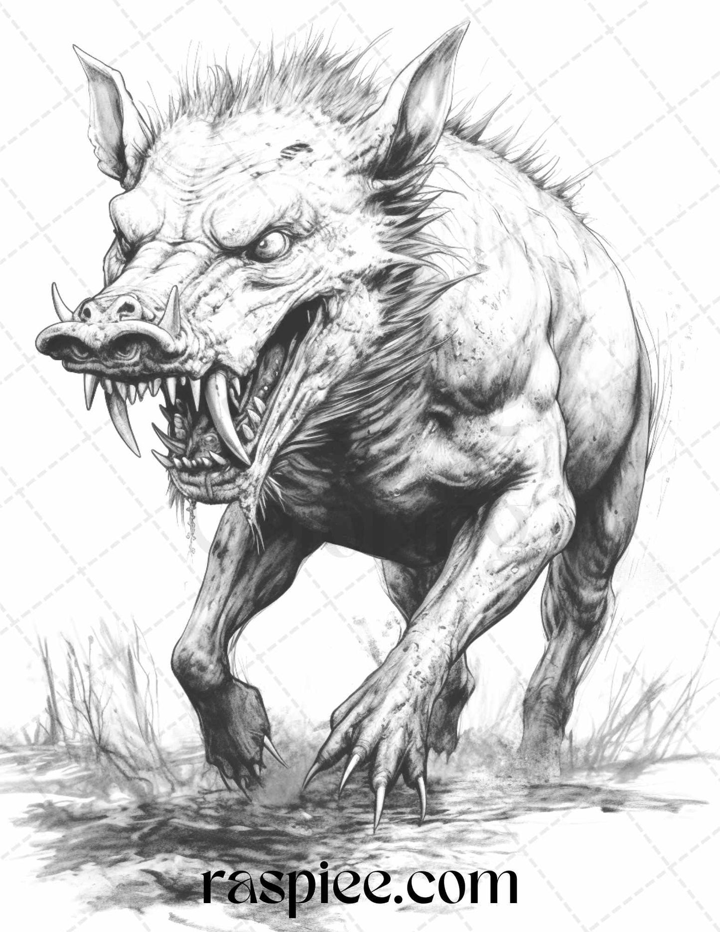 66 Horror Zombie Animals Grayscale Coloring Pages Printable for Adults, PDF File Instant Download