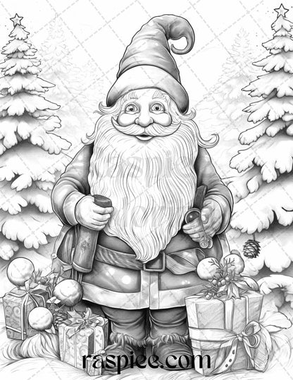 60 Christmas Gnomes Grayscale Coloring Pages Printable for Adults and Kids, PDF File Instant Download