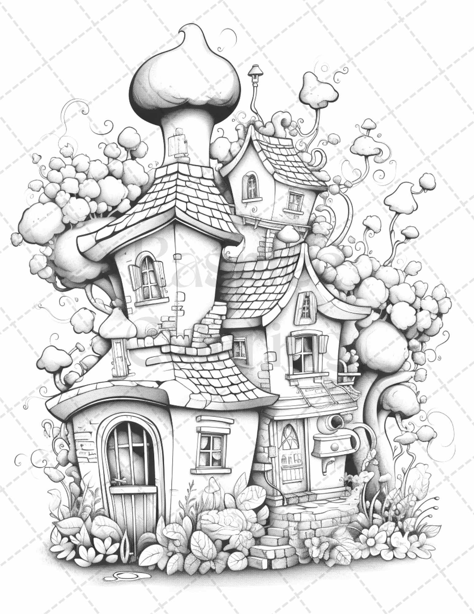 60 Flower Houses Grayscale Coloring Pages Printable for Adults, PDF File Instant Download