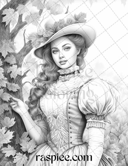 60 Victorian Autumn Portrait Grayscale Coloring Pages Printable for Adults, PDF File Instant Download