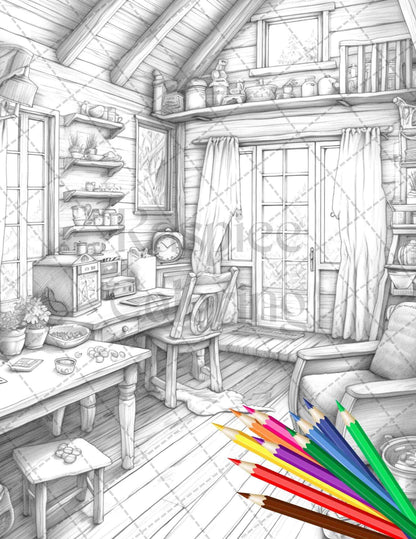 Cozy Cabin Interior Grayscale Coloring Pages Printable for Adults, PDF File Instant Download