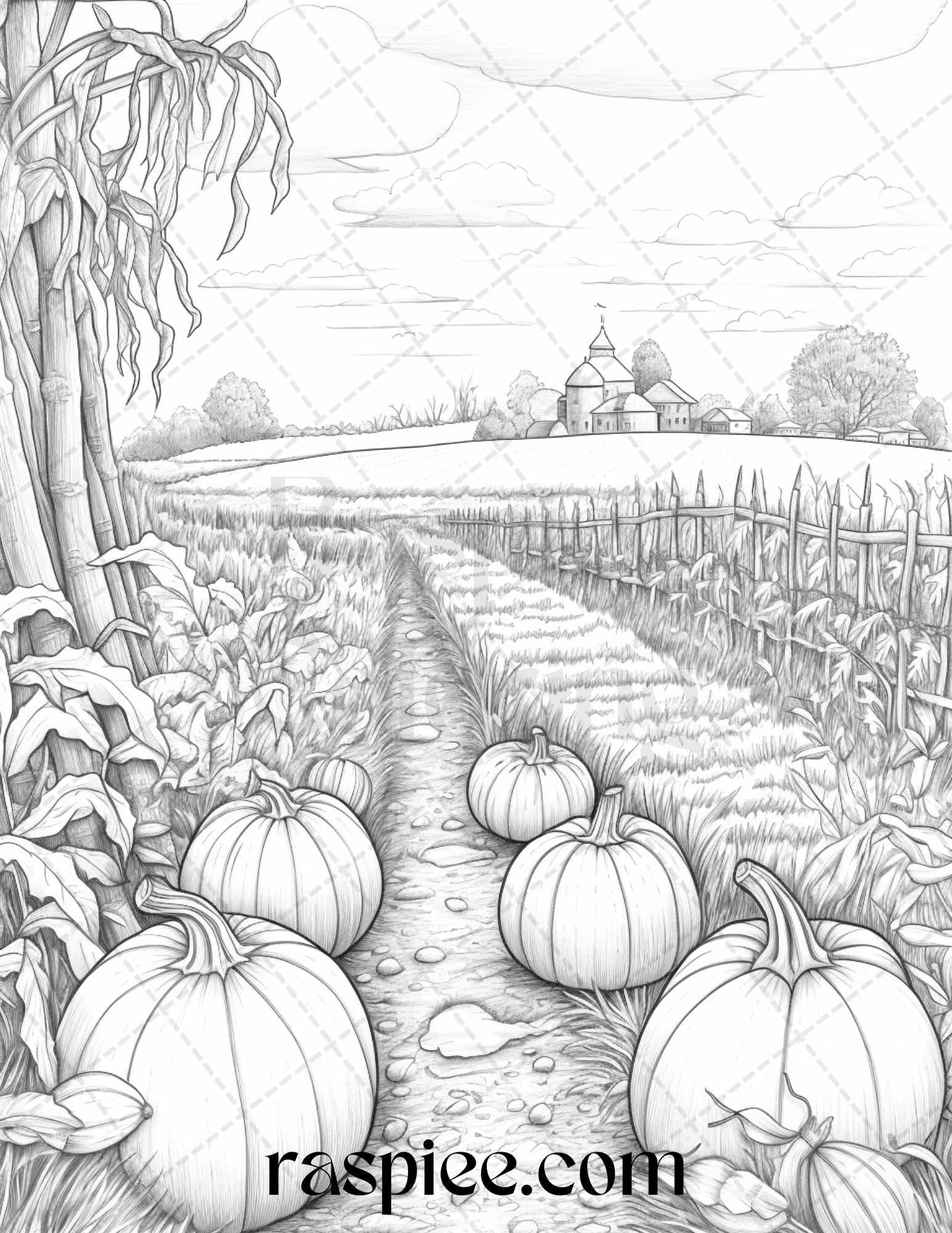 Autumn Scenery Grayscale Coloring Pages Printable for Adults, PDF File Instant Download