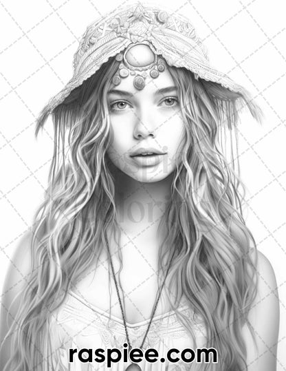 60 Bohemian Beauties Grayscale Coloring Pages for Adults, Printable PDF Instant Download