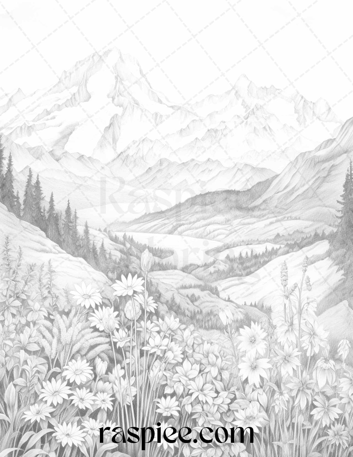 60 Mountain Flower Landscapes Grayscale Coloring Pages Printable for Adults, PDF File Instant Download