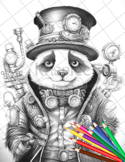 60 Steampunk Animals Grayscale Coloring Pages Printable for Adults, PDF File Instant Download