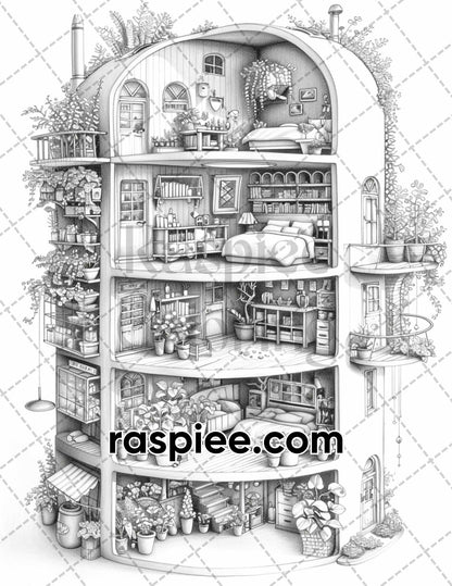 60 Isometric House Grayscale Adult Coloring Pages, Printable PDF Instant Download