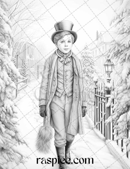 60 Victorian Winter Portrait Grayscale Coloring Pages Printable for Adults, PDF File Instant Download