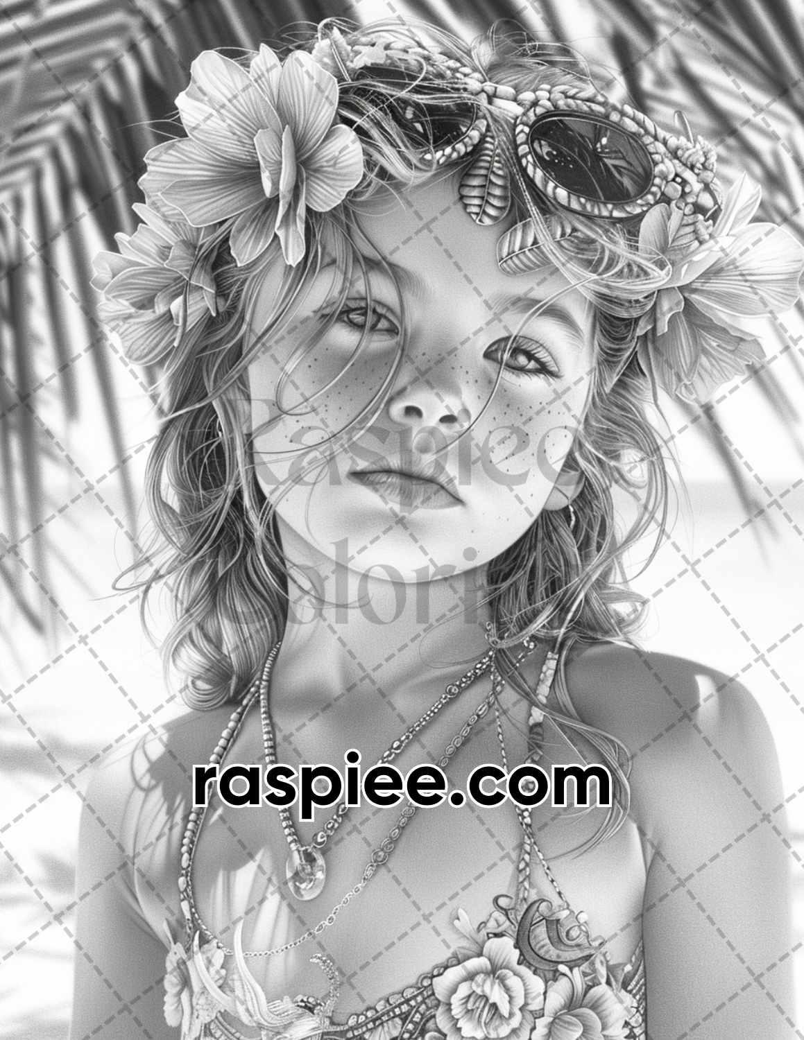 65 Summer Little Girls Portrait Grayscale Adult Coloring Pages Printable PDF Instant Download